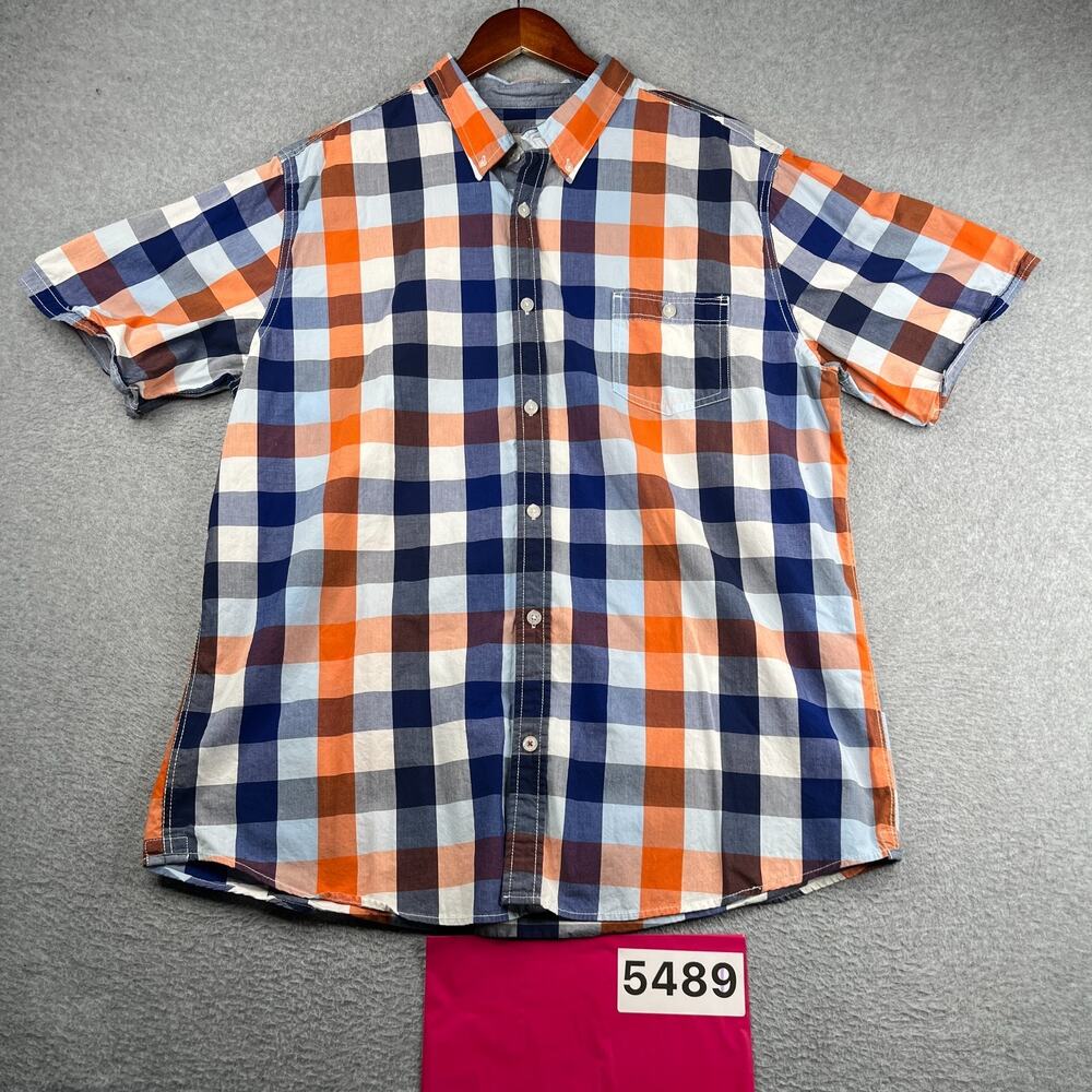 Weatherproof Shirt Navy Orange Check Casual Button Up Short Sleeve Mens XL